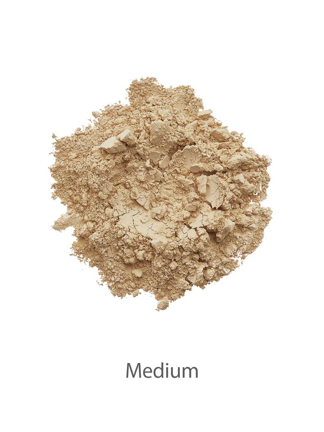 A pile of loose, medium beige INIKA Organic Foundation Trial Sets - 4 Piece Set is displayed on a white background with "Medium" below, ideal for those seeking a natural-finish foundation.