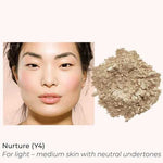 A woman with light–medium, neutral-toned skin wears a natural look next to INIKA Organic Loose Mineral Foundation SPF25 8g—ideal for light–medium skin seeking a non-comedogenic finish.