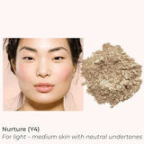 A woman with light–medium, neutral-toned skin wears a natural look next to INIKA Organic Loose Mineral Foundation SPF25 8g—ideal for light–medium skin seeking a non-comedogenic finish.