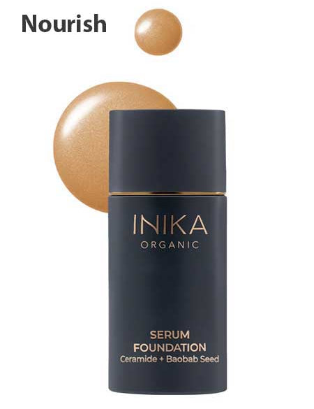 A black bottle of INIKA Organic Serum Foundation 25ml with gold text is shown, plus a sample of this hydrating, anti-ageing makeup. “Nourish” in bold at the top left highlights the luxurious foundation.