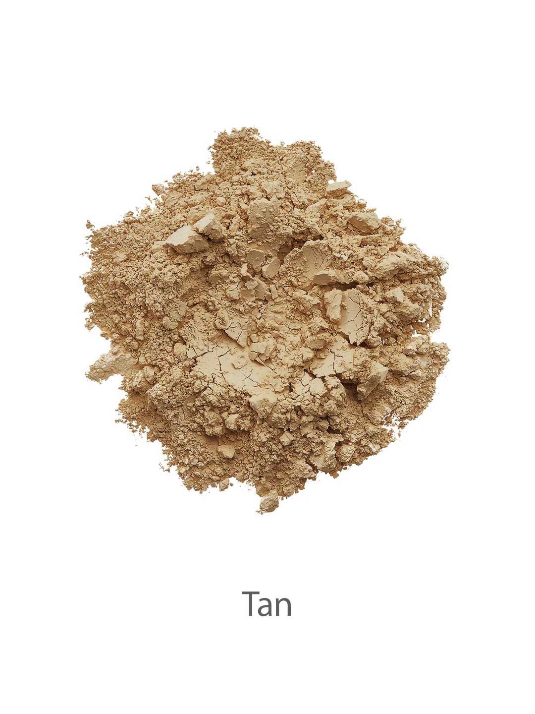 A heap of loose, tan-colored powder with a crumbly texture is shown on a white background, labeled "Tan." It appears to be from the INIKA Organic Foundation Trial Sets - 4 Piece Set.