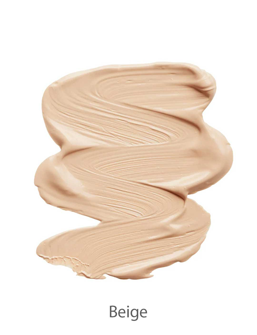 A thick, smooth smear of INIKA Organic Liquid Foundation 30ml in beige rests on a white background, its creamy, vegan texture shown by textured brush strokes. "Beige" is labeled below the swatch.
