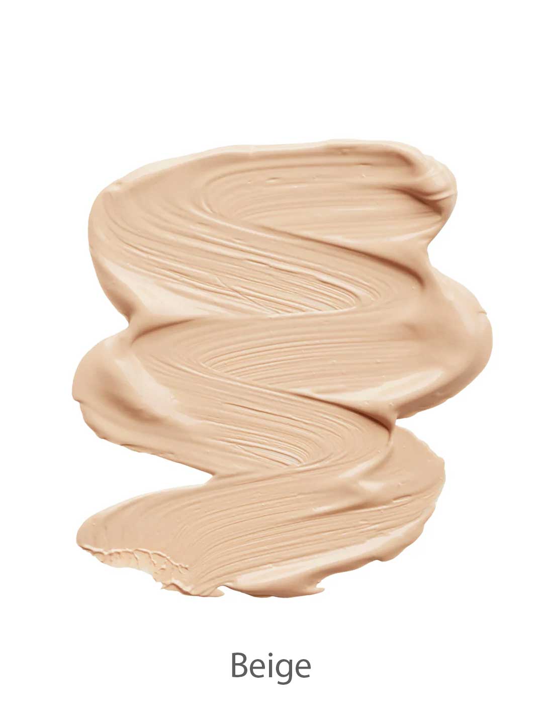 A thick, smooth smear of INIKA Organic Liquid Foundation 30ml in beige rests on a white background, its creamy, vegan texture shown by textured brush strokes. "Beige" is labeled below the swatch.