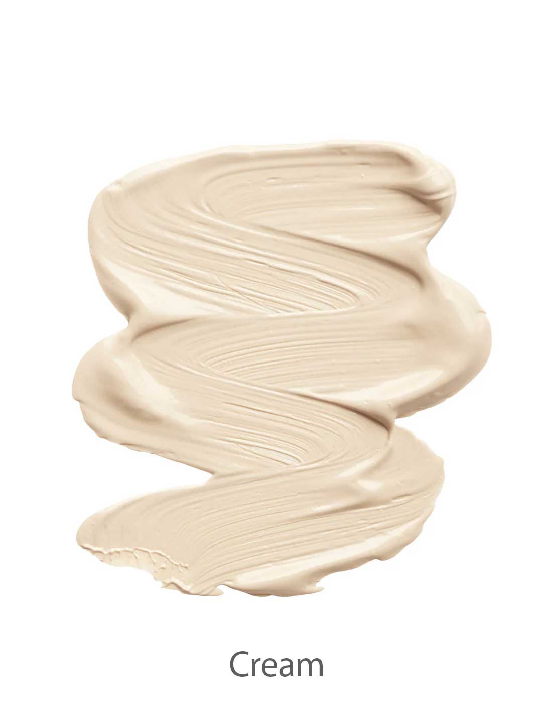 A smooth, thick swatch of INIKA Organic Liquid Foundation 30ml in light beige is spread in a zigzag on a white background. The word Cream appears below the swatch.