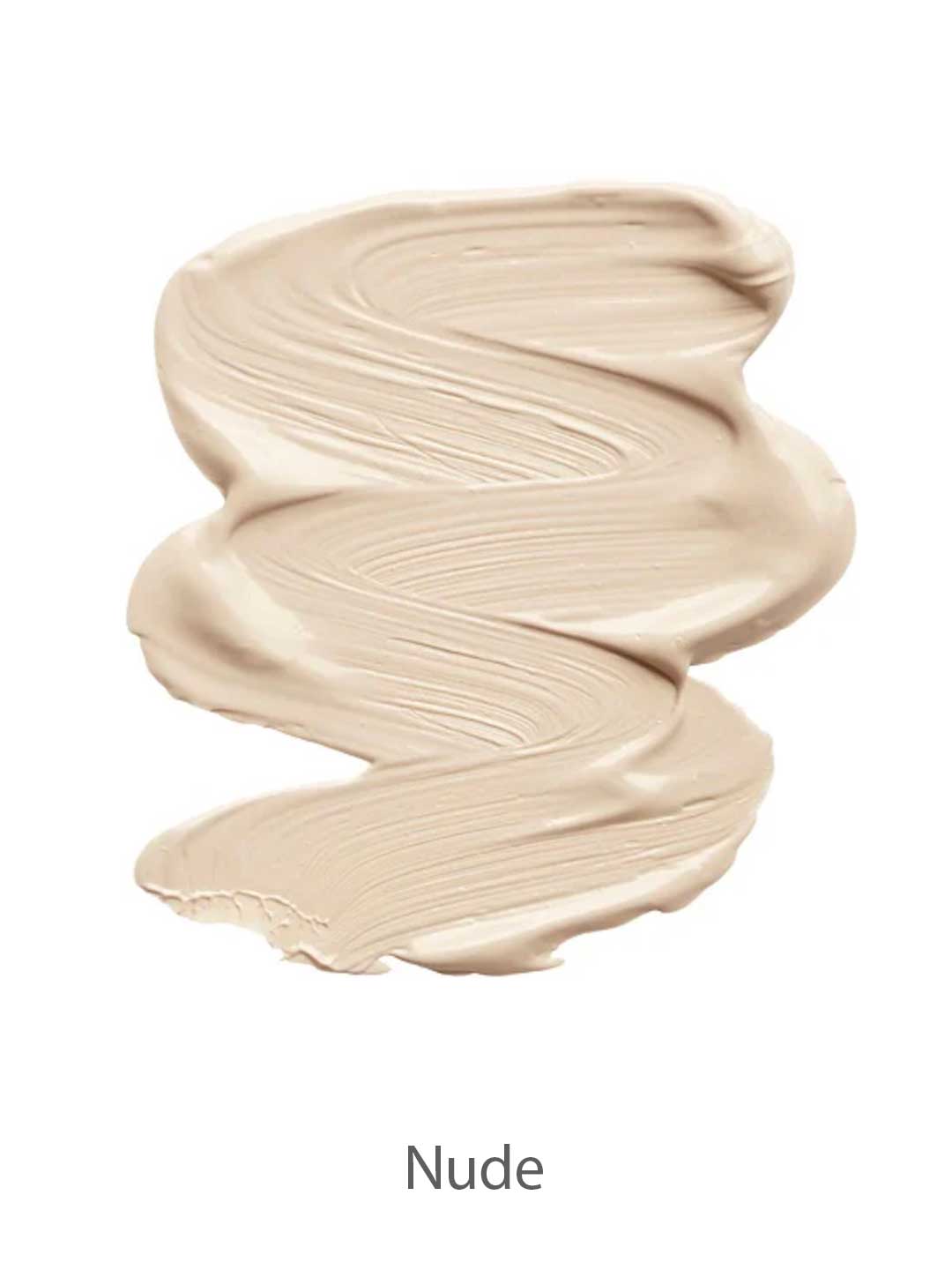 A smooth, creamy, light beige smear of INIKA Organic Liquid Foundation 30ml with visible brush strokes and labeled Nude at the bottom.