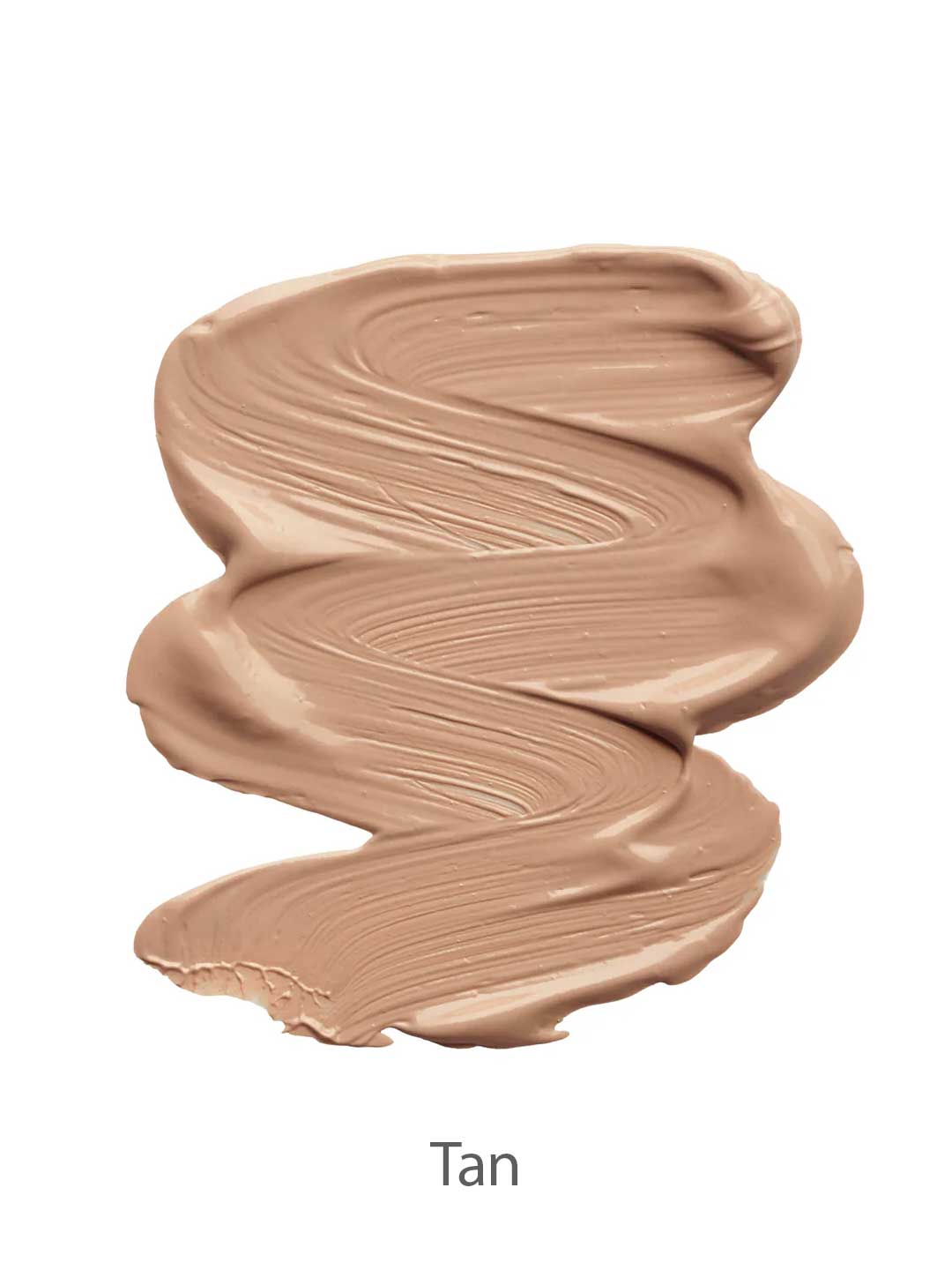 A smooth, thick swatch of INIKA Organic Liquid Foundation 30ml in a tan shade is smeared in a zigzag pattern on a white background, with the word "Tan" below the swatch.