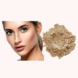 A woman with clear skin and neutral makeup looks forward; next to her is a pile of INIKA Organic Loose Mineral Foundation SPF25 8g on a white background.