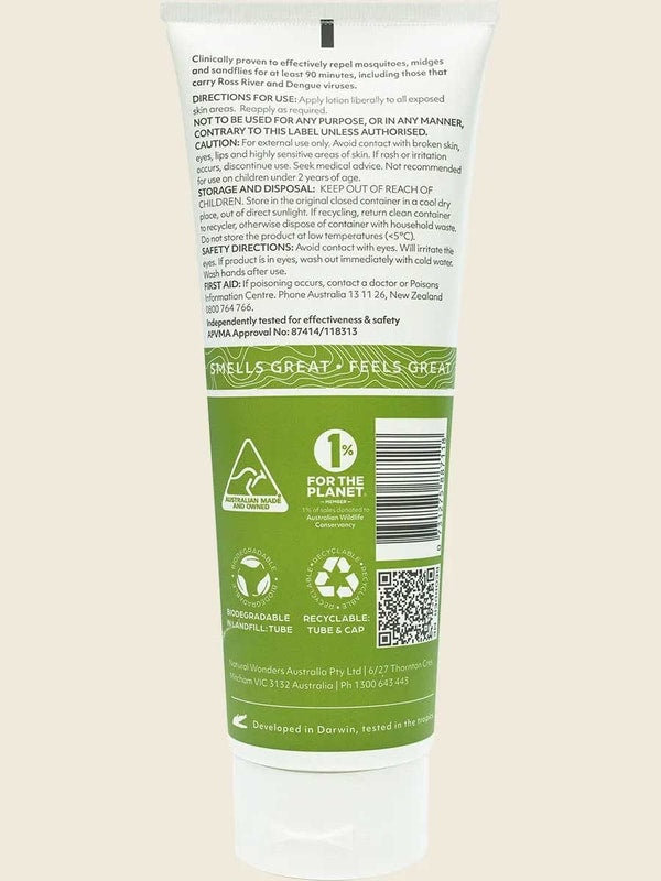 The back of a Good Riddance Tropical Insect Repellent 250ml green and white tube displays directions, warnings, ingredients, company info, eco-friendly icons, and “SMELLS GREAT, FEELS GREAT” in green near the bottom for sandfly protection.