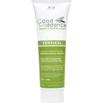 A white 250ml tube of Good Riddance Tropical Insect Repellent with green labeling. DEET-free, using citronella and Australian lemon-scented tea tree to naturally repel mosquitoes, sandflies, and midges.