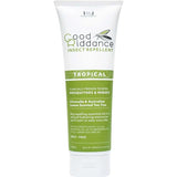 A white 250ml tube of Good Riddance Tropical Insect Repellent with green labeling. DEET-free, using citronella and Australian lemon-scented tea tree to naturally repel mosquitoes, sandflies, and midges.