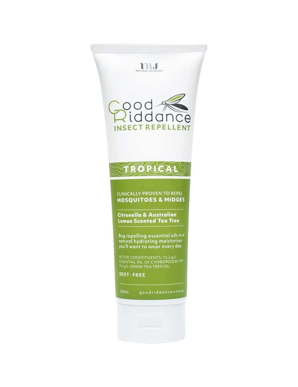 A white 250ml tube of Good Riddance Tropical Insect Repellent with green labeling. DEET-free, using citronella and Australian lemon-scented tea tree to naturally repel mosquitoes, sandflies, and midges.