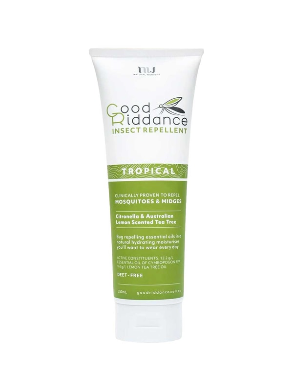 A white 250ml tube of Good Riddance Tropical Insect Repellent with green labeling. DEET-free, using citronella and Australian lemon-scented tea tree to naturally repel mosquitoes, sandflies, and midges.