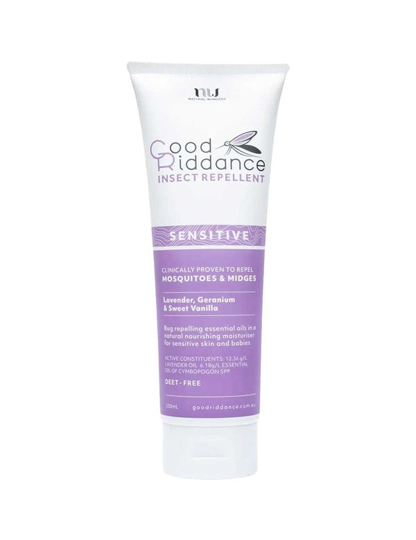 A 250ml white tube of Good Riddance Sensitive Insect Repellent with a lavender label, clinically proven for mosquito protection. Made with natural ingredients including lavender, geranium, and sweet vanilla.