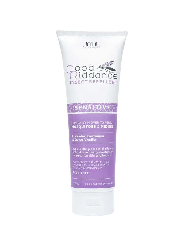 A 250ml white tube of Good Riddance Sensitive Insect Repellent with a lavender label, clinically proven for mosquito protection. Made with natural ingredients including lavender, geranium, and sweet vanilla.