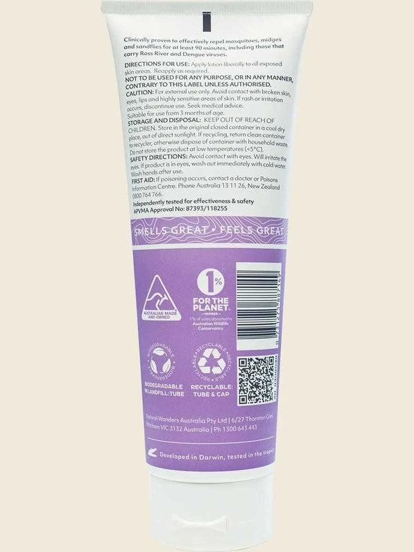 Back of a Good Riddance Sensitive Insect Repellent 250ml tube showing directions, warnings, ingredients, certifications, QR code, and recycling symbols on a white and purple label for gentle mosquito protection.
