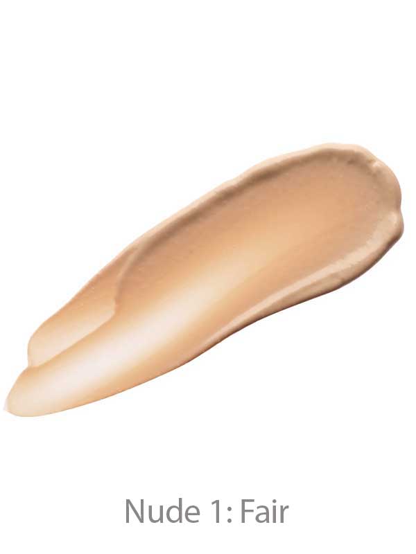 A creamy, light beige swatch of Luk Beautifood Instant Glow Skin Tint 30ml in Nude 1: Fair is displayed on a white background, highlighting its natural, luminous finish.