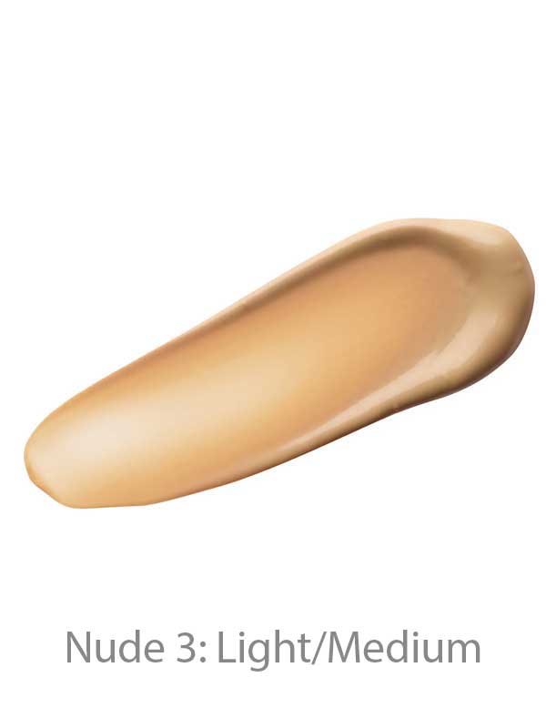 A swatch of Luk Beautifood Instant Glow Skin Tint 30ml in Nude 3: Light/Medium, a cream makeup with a light to medium nude shade, is shown on a white background. This tinted moisturiser delivers an instant radiant glow and natural luminous finish.