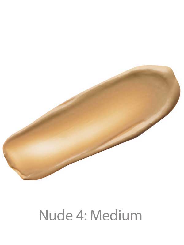 A swatch of Luk Beautifood Instant Glow Skin Tint 30ml in Nude 4: Medium, a medium beige tinted moisturiser with light coverage, is displayed on a plain white background.