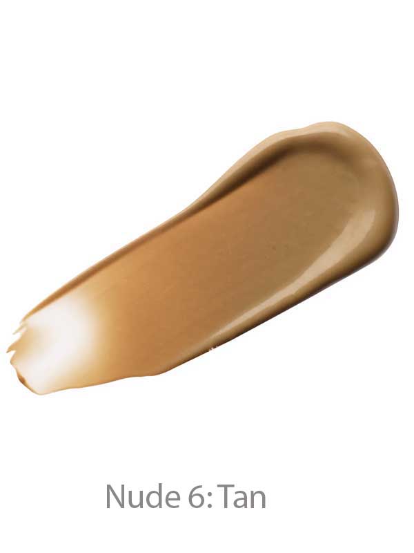A swatch of Luk Beautifood Instant Glow Skin Tint 30ml in Nude 6: Tan, a light coverage tinted moisturiser for a radiant glow, is shown on a white background.
