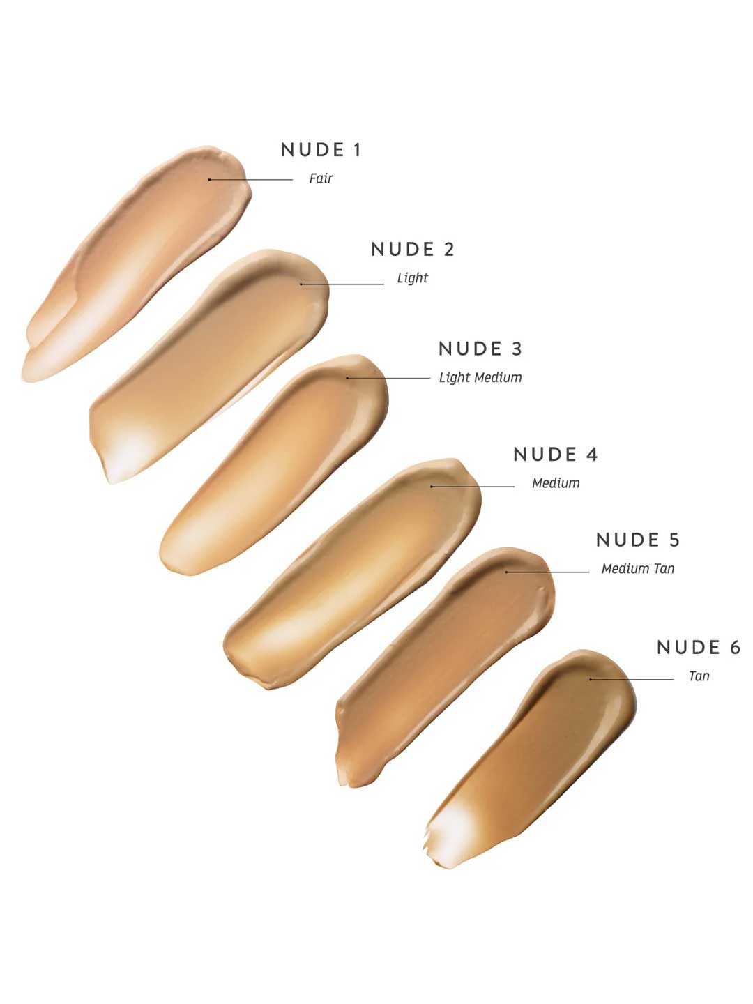 Six shades of Luk Beautifood Instant Glow Skin Tint 30ml—from Nude 1 (Fair) to Nude 6 (Tan)—arranged lightest to darkest, with a natural luminous finish for an instant glow effect.