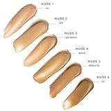 Six shades of Luk Beautifood Instant Glow Skin Tint 30ml—from Nude 1 (Fair) to Nude 6 (Tan)—arranged lightest to darkest, with a natural luminous finish for an instant glow effect.