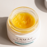 Open jar of LAMAV Intense Repair Eye Balm showing the balm