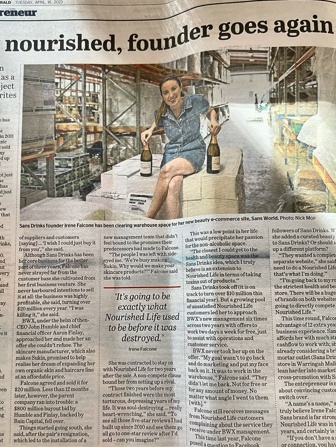 Sydney Morning Herald article: Fully nourished, founder goes again — Irene starting over