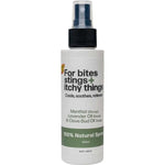 Bug-Grrr Off For bites stings + itchy things 100% Natural Spray is a white 100 ml bottle that cools, soothes, and relieves with menthol, lavender oil, and clove bud oil for natural insect bite relief.