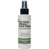 Bug-Grrr Off For bites stings + itchy things 100% Natural Spray is a white 100 ml bottle that cools, soothes, and relieves with menthol, lavender oil, and clove bud oil for natural insect bite relief.