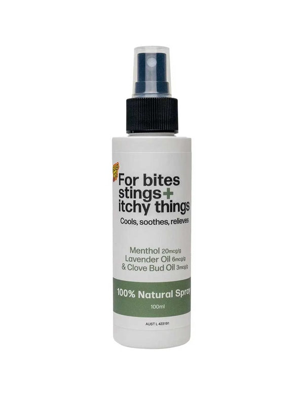Bug-Grrr Off For bites stings + itchy things 100% Natural Spray is a white 100 ml bottle that cools, soothes, and relieves with menthol, lavender oil, and clove bud oil for natural insect bite relief.