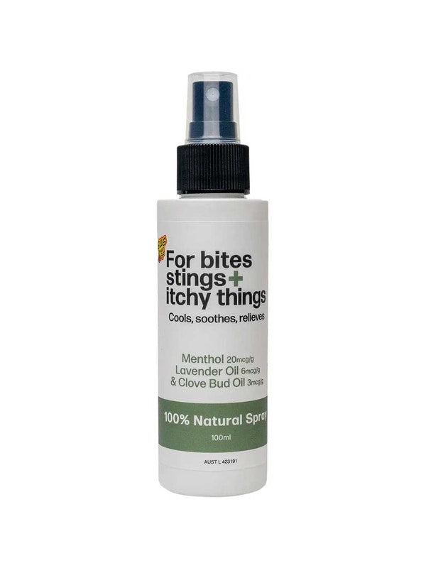 Bug-Grrr Off For bites stings + itchy things 100% Natural Spray is a white 100 ml bottle that cools, soothes, and relieves with menthol, lavender oil, and clove bud oil for natural insect bite relief.