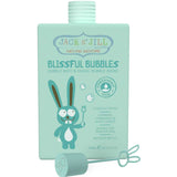 The Jack n Jill Blissful Bubbles Bubble Bath & Magic Bubble Wand 300ml comes in a pastel green bottle with a cartoon bunny holding a bubble wand. The plant-based formula includes a detachable bubble wand cap and white product details.