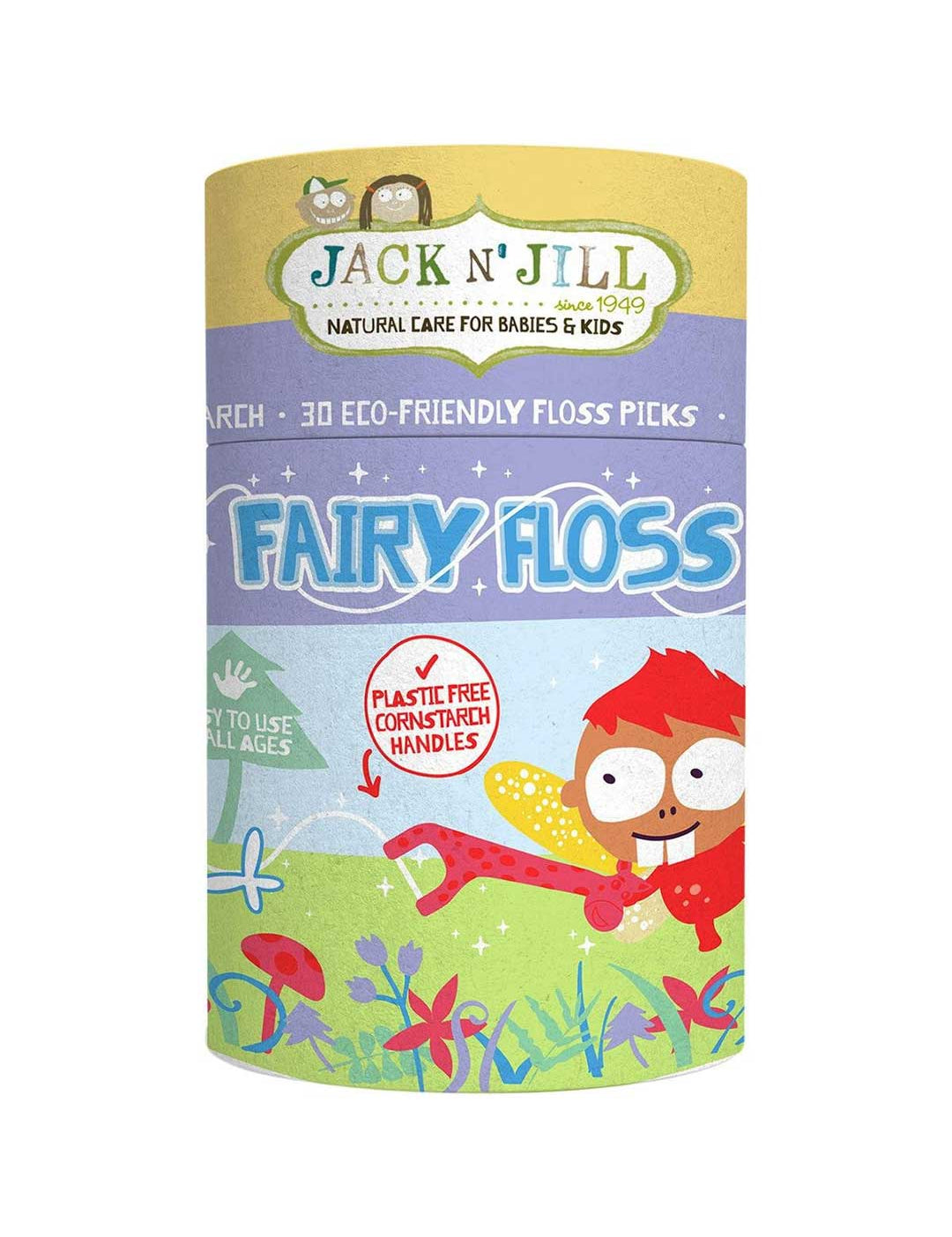Jack n Jill Fairy Floss Picks 30pcs come in a cylindrical container with colorful cartoon graphics, featuring plastic-free, plant-based flossers made from corn starch handles for babies and kids.