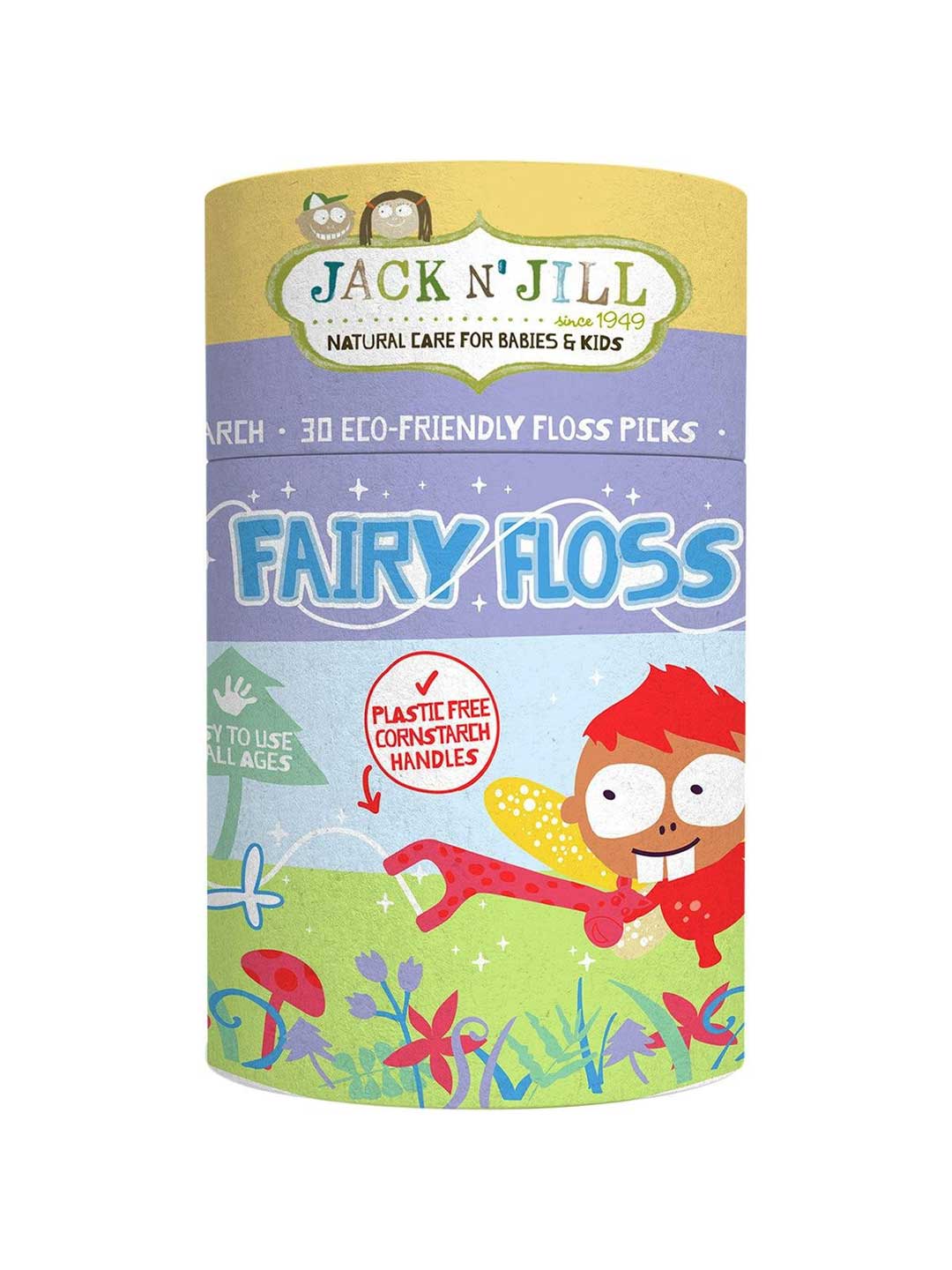 Jack n Jill Fairy Floss Picks 30pcs come in a cylindrical container with colorful cartoon graphics, featuring plastic-free, plant-based flossers made from corn starch handles for babies and kids.