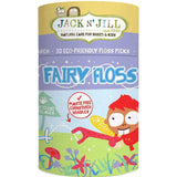 Jack n Jill Fairy Floss Picks 30pcs come in a cylindrical container with colorful cartoon graphics, featuring plastic-free, plant-based flossers made from corn starch handles for babies and kids.
