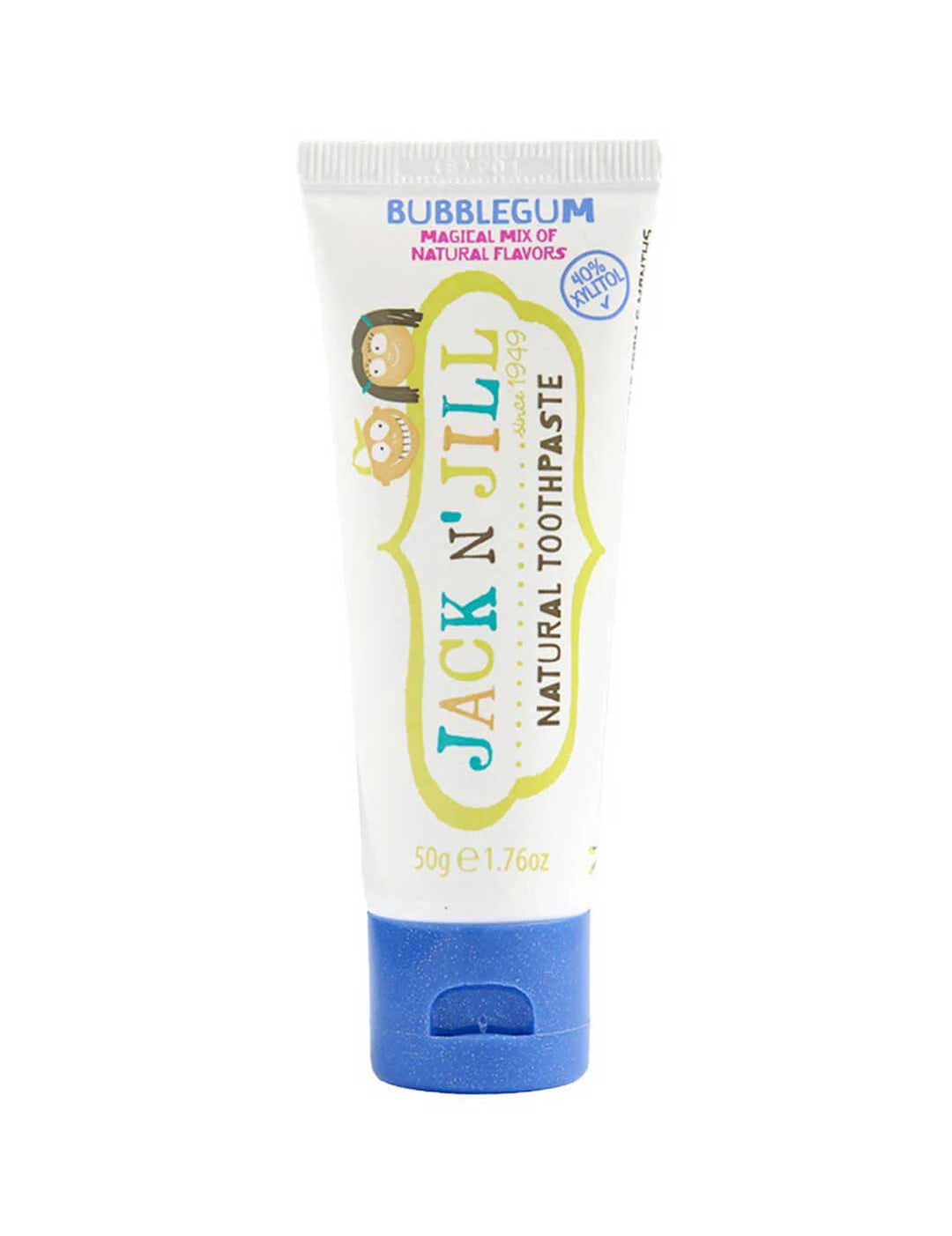 Tube of Jack N' Jill bubblegum-flavored toothpaste on a white background