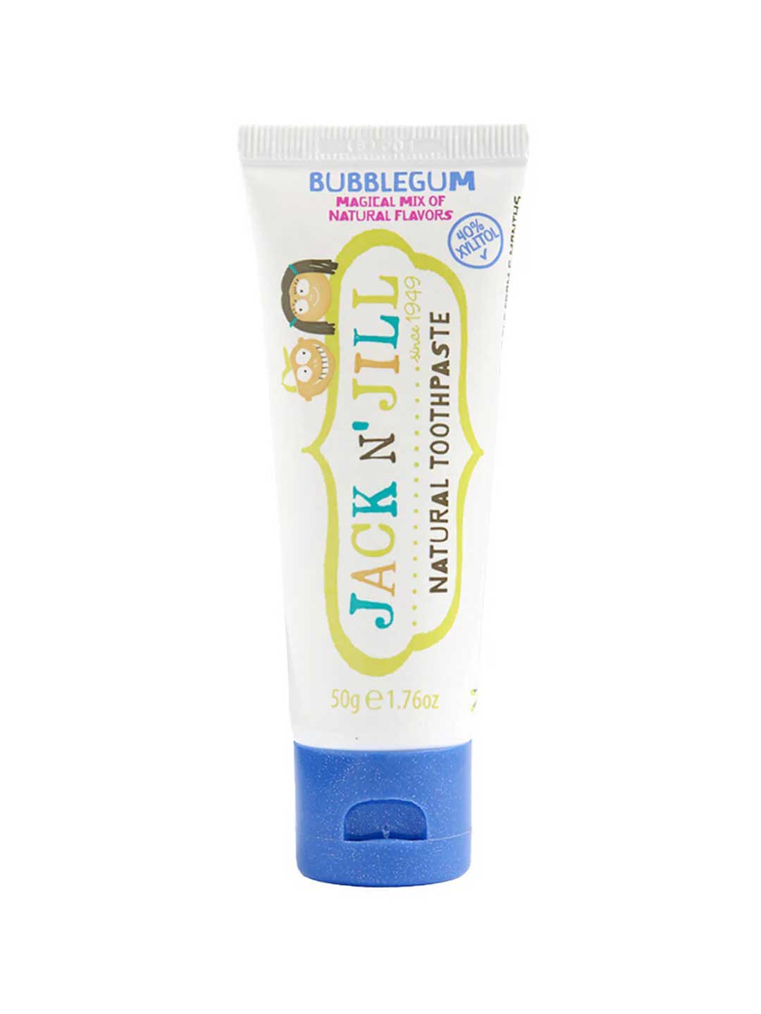 Tube of Jack N' Jill bubblegum-flavored toothpaste on a white background