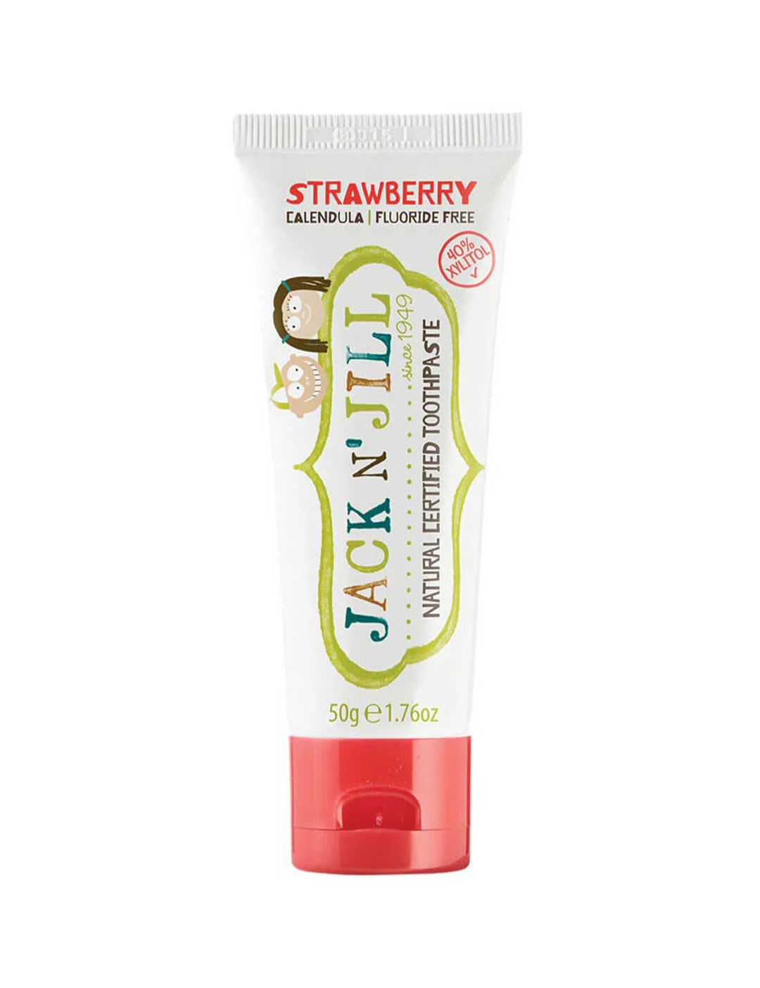 Tube of Jack N' Jill strawberry-flavored toothpaste on a white background