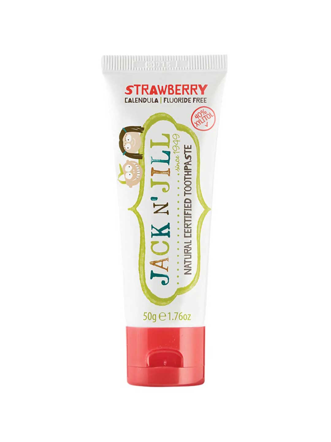 Tube of Jack N' Jill strawberry-flavored toothpaste on a white background