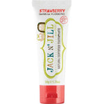 Tube of Jack N' Jill strawberry-flavored toothpaste on a white background