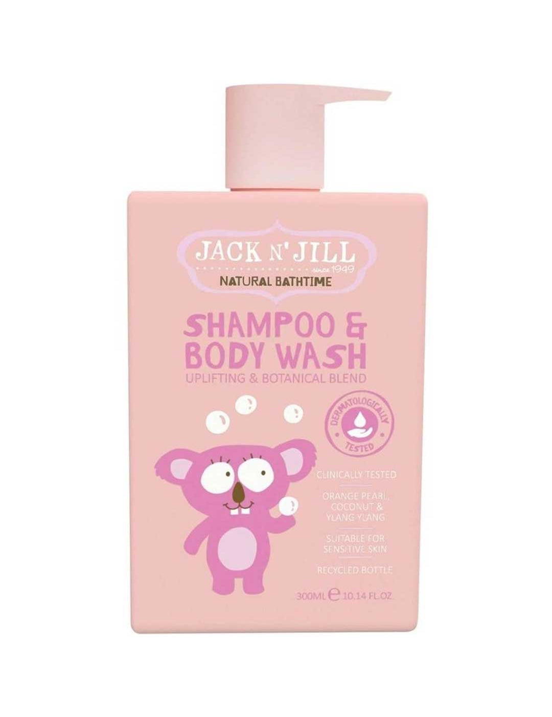The Jack n Jill Shampoo & Body Wash Uplifting Blend 300ml features a pink bottle with a cartoon purple bear, pump dispenser, and highlights natural ingredients and suitability for sensitive skin.