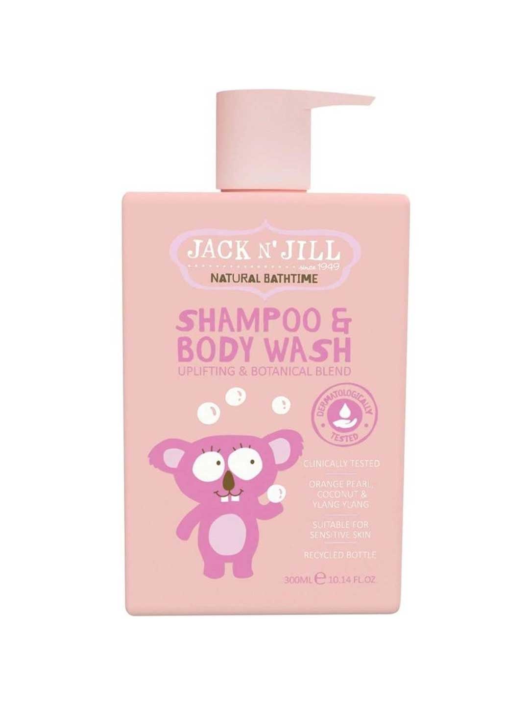 The Jack n Jill Shampoo & Body Wash Uplifting Blend 300ml features a pink bottle with a cartoon purple bear, pump dispenser, and highlights natural ingredients and suitability for sensitive skin.