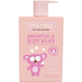 The Jack n Jill Shampoo & Body Wash Uplifting Blend 300ml features a pink bottle with a cartoon purple bear, pump dispenser, and highlights natural ingredients and suitability for sensitive skin.