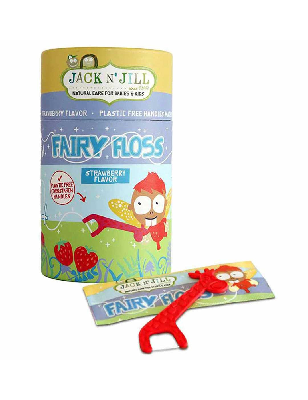 Jack N' Jill fairy floss Floss Picks Strawberry (30 Pack) packaging with a red handle on a white background