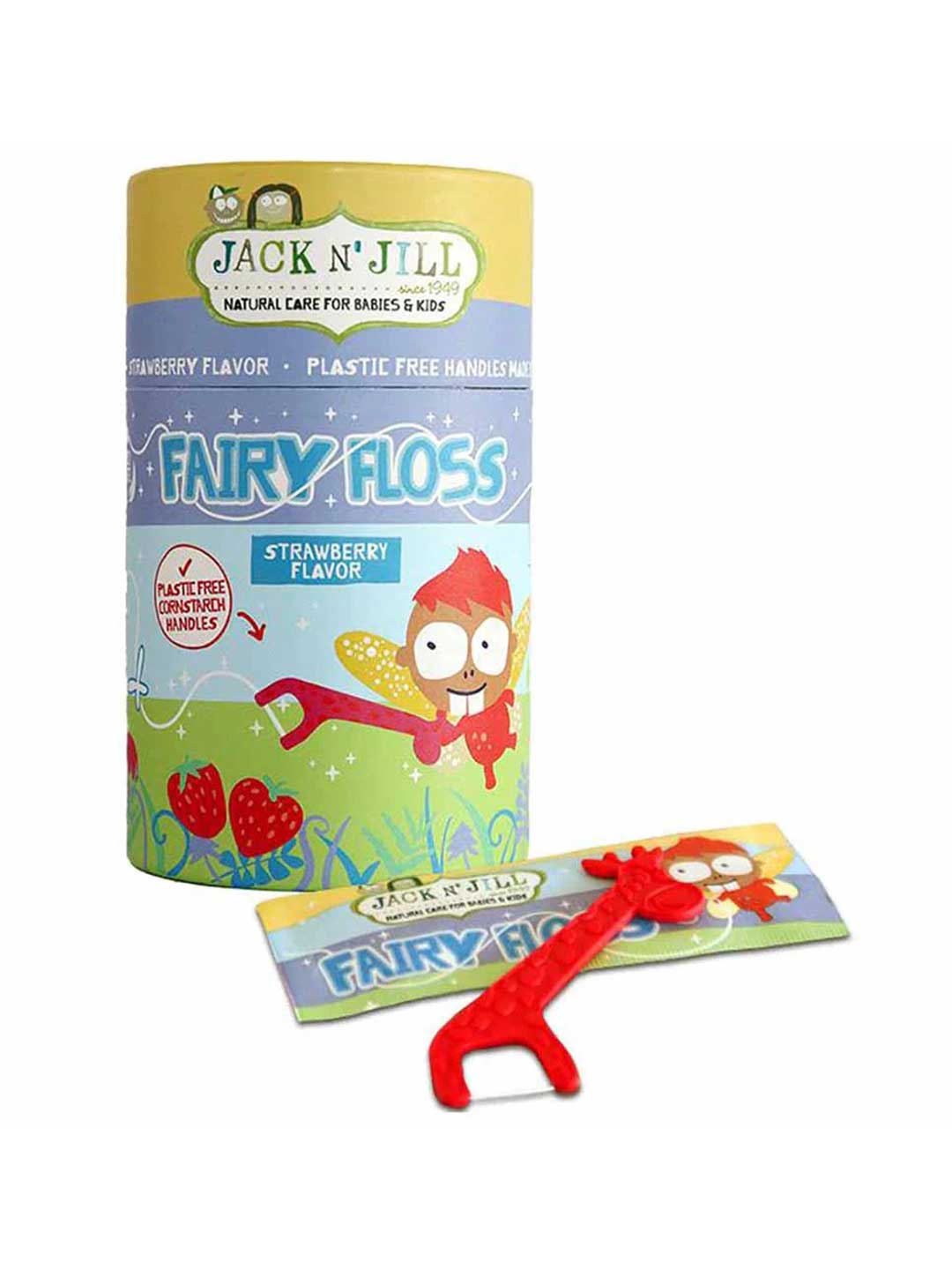 Jack N' Jill fairy floss Floss Picks Strawberry (30 Pack) packaging with a red handle on a white background