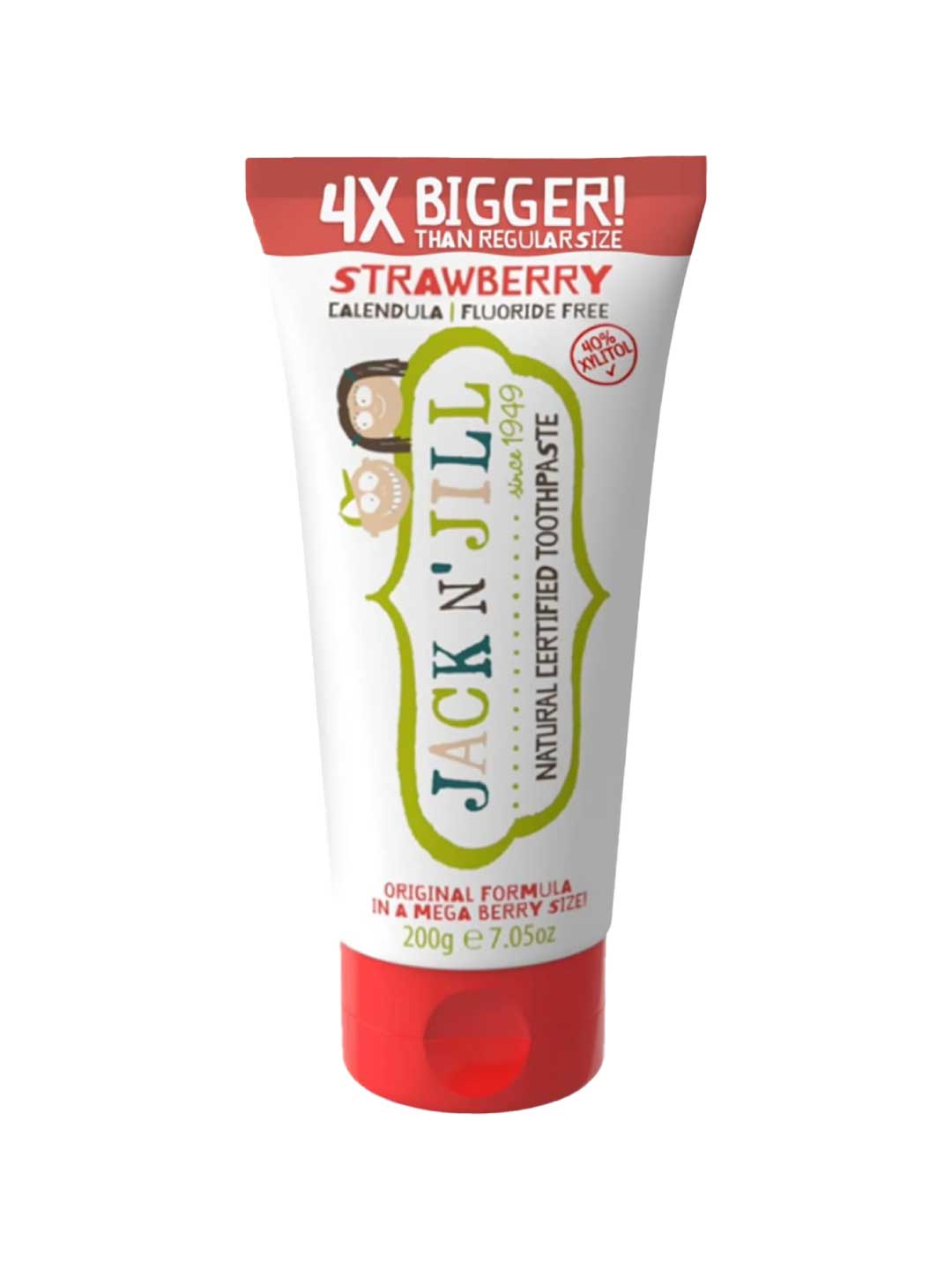 Tube of Jack n Jill Mega Berry Natural Certified Toothpaste Strawberry on a white background