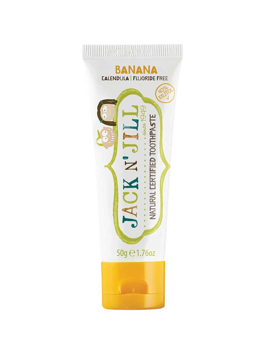 Jack N' Jill banana-flavored toothpaste tube on a white background