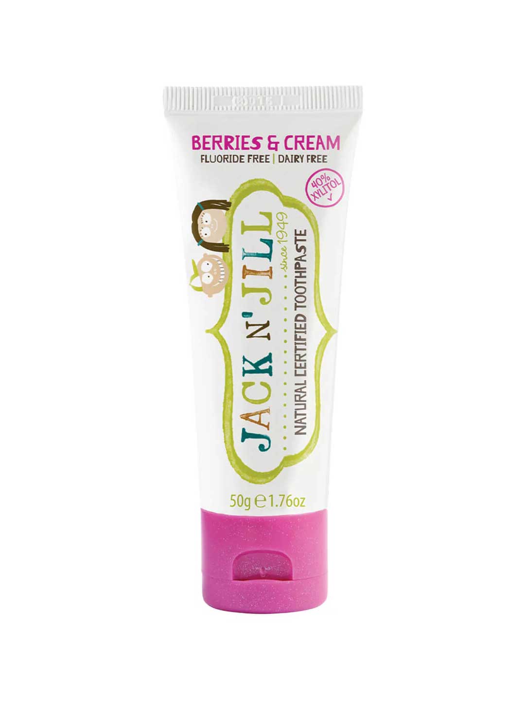 Tube of Jack N' Jill Berries & Cream toothpaste on a white background