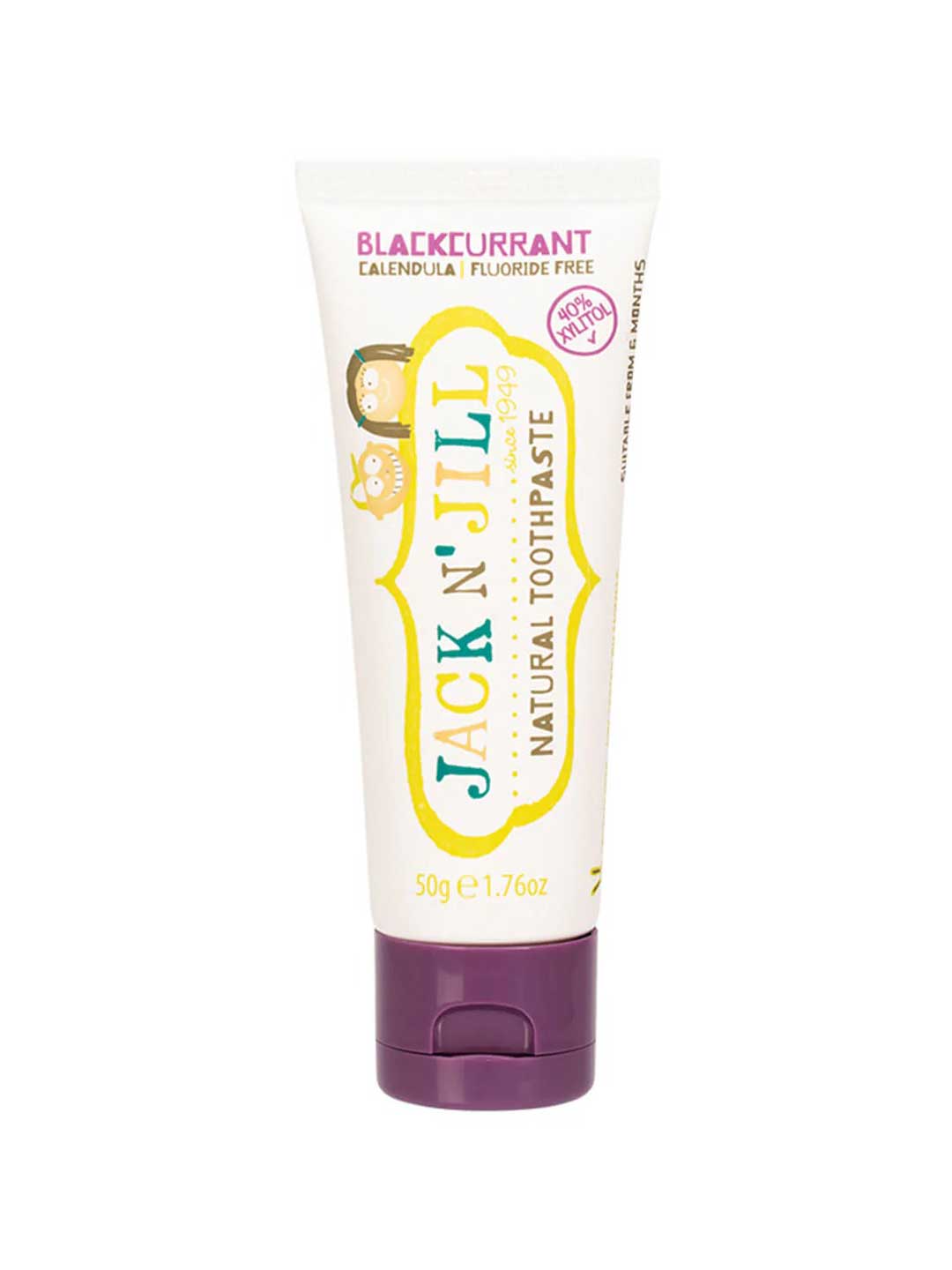 Tube of Jack n Jill Natural Certified Toothpaste Blackcurrant on a white background