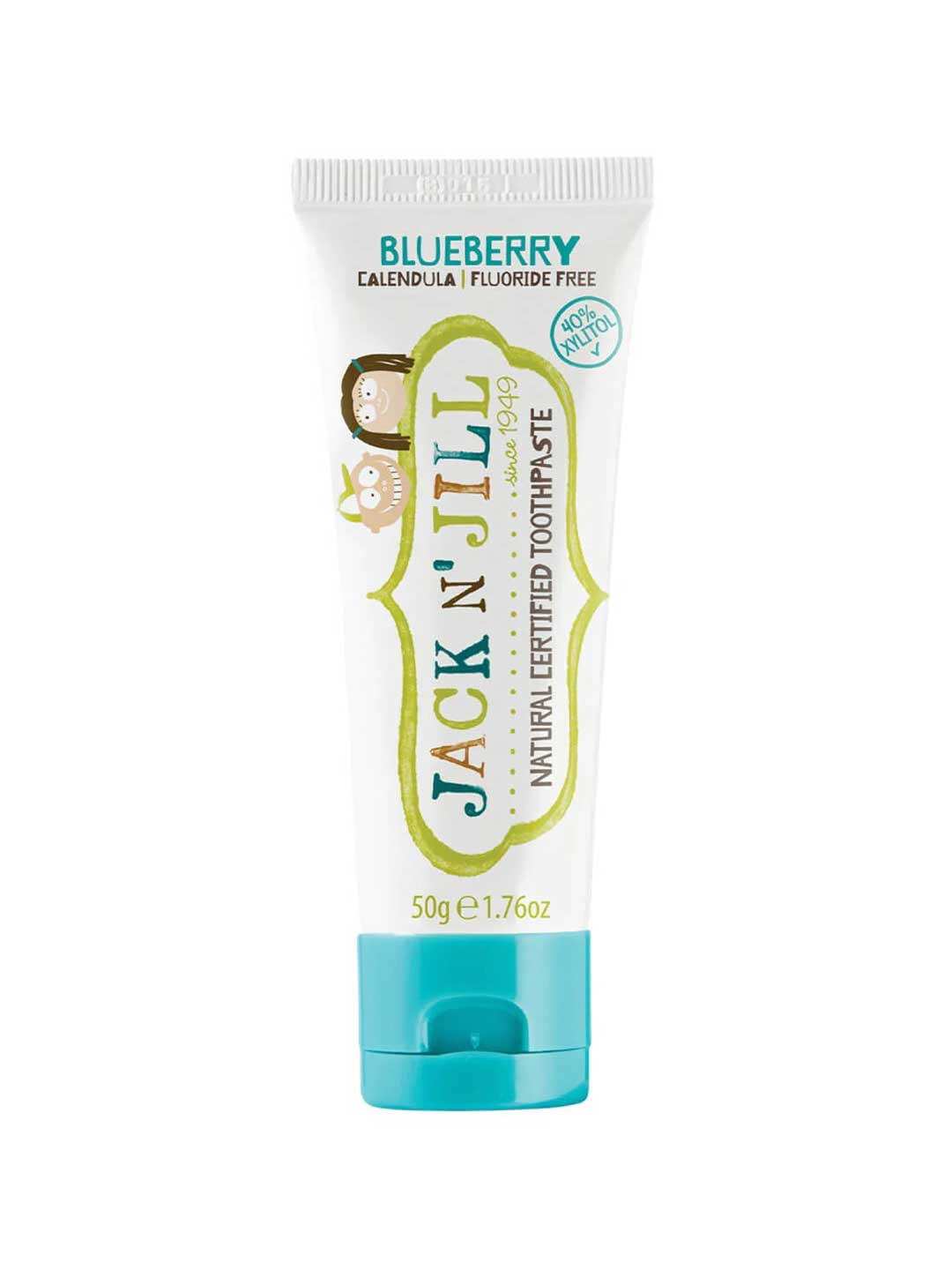 Jack N' Jill toothpaste tube with blueberry flavor on a white background